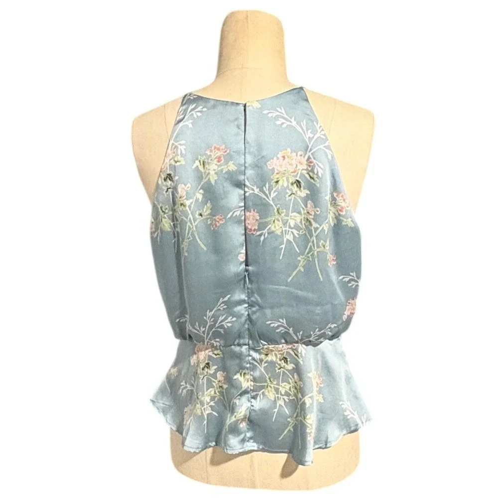 Lush Blue Floral Satin Peplum Halter Top Sleeveless High Neck Medium Cottagecore - Picture 3 of 9